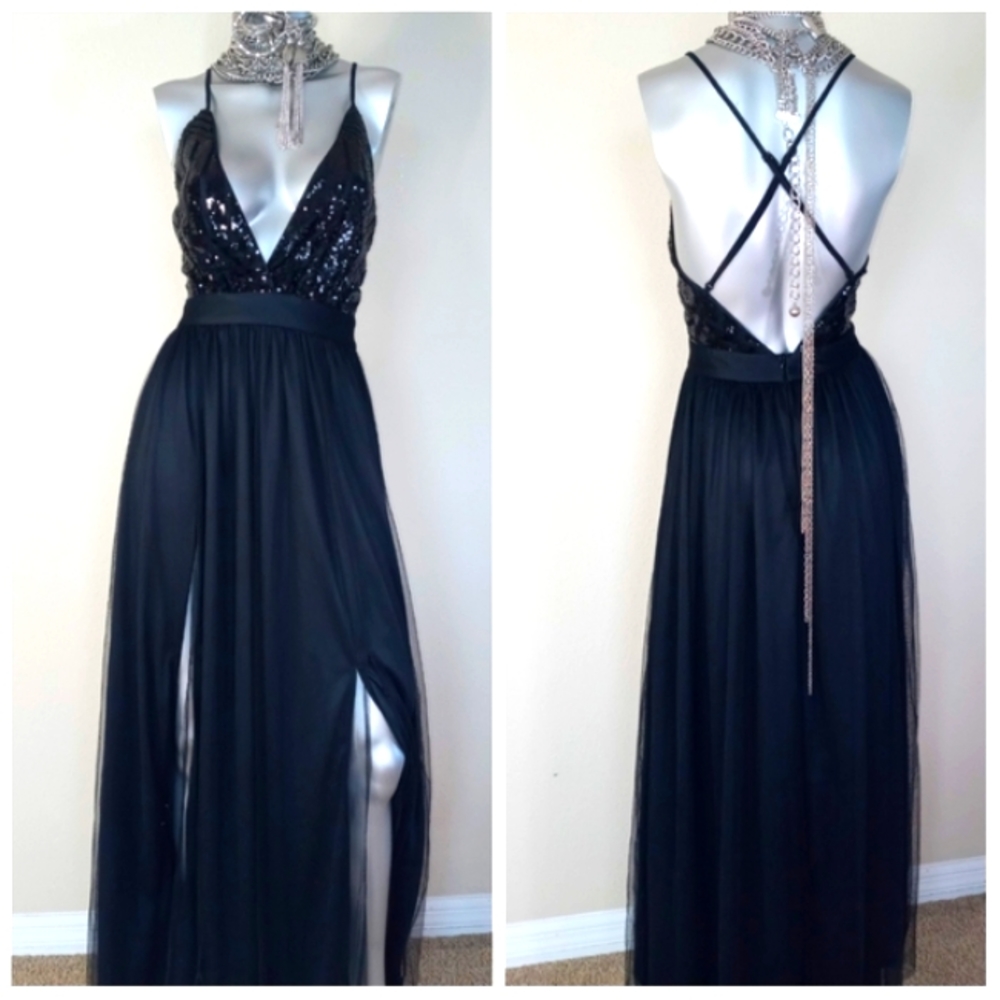Black Sophisticated Cocktail Party Grunge Fairy Core Sequin Top Maxi Dress - Picture 14 of 16